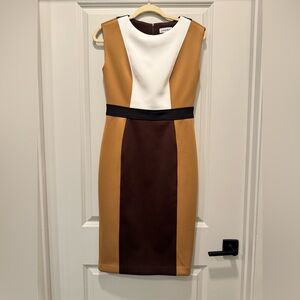 Calvin Klein White, Tan, and Brown Midi Dress